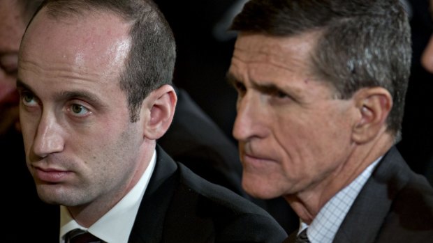 Stephen Miller, White House senior advisor for policy, left, and General Michael Flynn, then US national security advisor on February 13, 2017. 