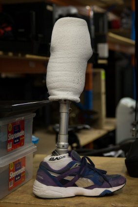 A prosthetic leg in the Hock 'n' Shop storeroom.
