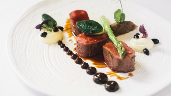 Lamb, smoked eggplant, white bean puree, prune gel and rosemary jus.