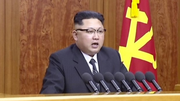 North Korean broadcaster KRT distributed a video on January 1 of North Korean leader Kim Jong-un's New Year speech in Pyongyang.