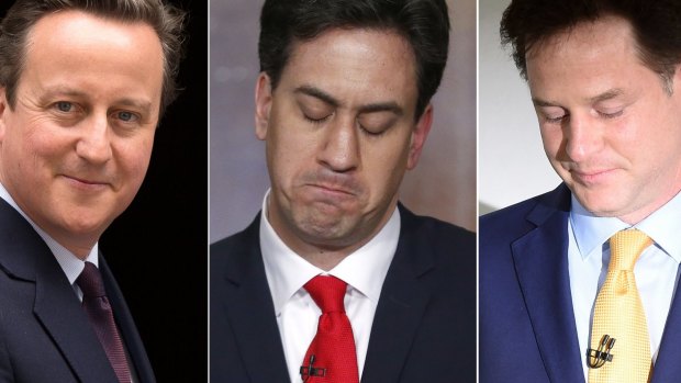 Victorious PM David Cameron, left, flanked by Labour Party leader Ed Miliband, centre, and Liberal Democrats Nick Clegg - both of whom announced their resignations after their election defeat.
