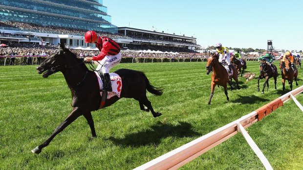 Runaway success: Prized Icon romps home in the Victoria Derby at Flemington.