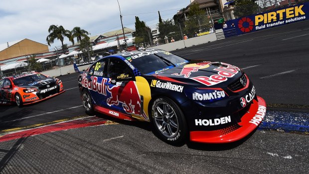 On top again: Jamie Whincup tears around Adelaide in his Red Bull.