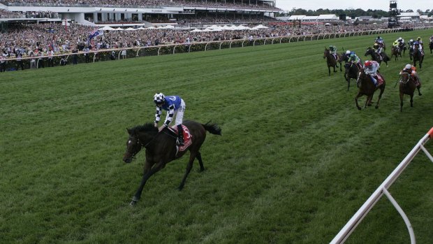 Champion: Protectionist streaks away from his rivals to win the Melbourne Cup.