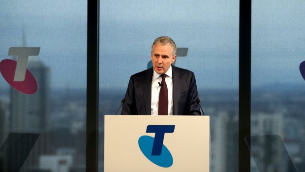 Telstra chief executive Andrew Penn announcing the full year results in Melbourne. 