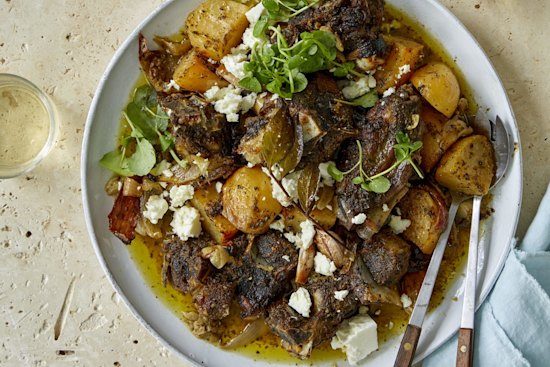 Serve this rustic lamb roast with feta, salad and bread.