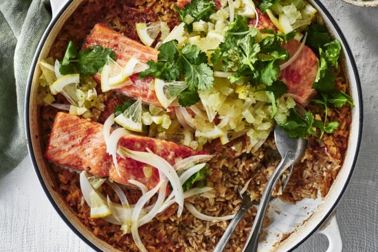 Baked ocean trout with spiced rice and a coriander and citrus salsa.