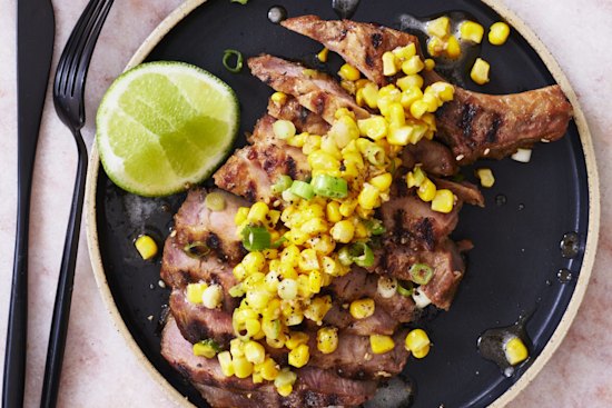 Miso-marinated pork cutlets with buttery corn.