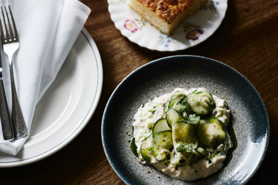 Potato focaccia, stracciatella and basil-tinged zucchini.