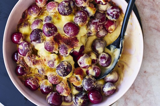 Grilled cherries with zabaglione.