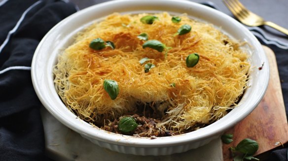 Slow-cooked lamb topped with a nest of kataifi pastry.