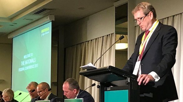 Larry Anthony addresses the Nationals' federal conference, which he chairs. The conference floor voted to freeze and then phase out renewable energy subsidies. 