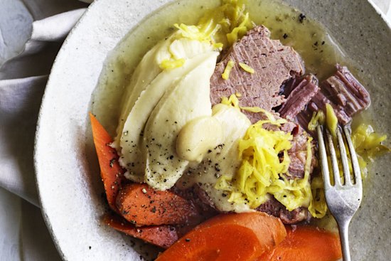 Corned silverside served with boiled carrots, potato puree and creamy mustard sauce.
