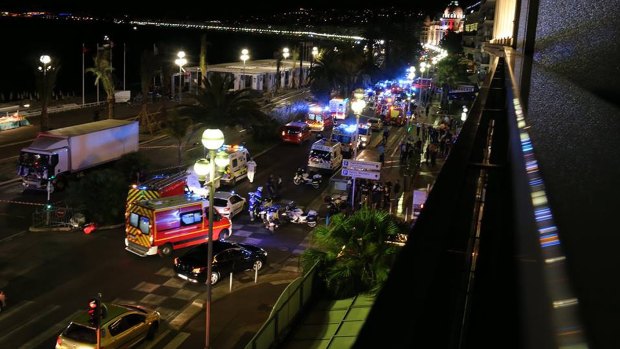 Emergency services at the Promenade des Anglais after the Nice attack.  