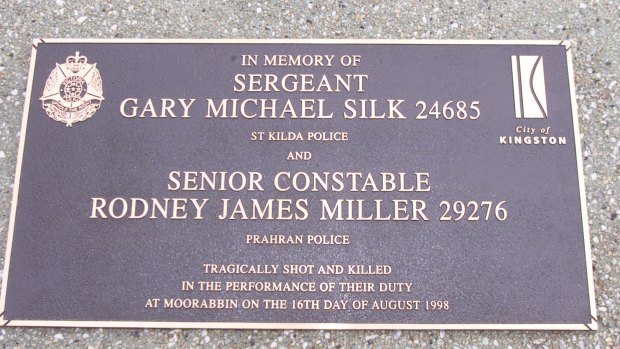 The plaque on a new memorial to the two officers, who were shot in Moorabbin.