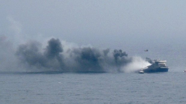 The burning ferry Norman Atlantic adrift in the Adriatic Sea.