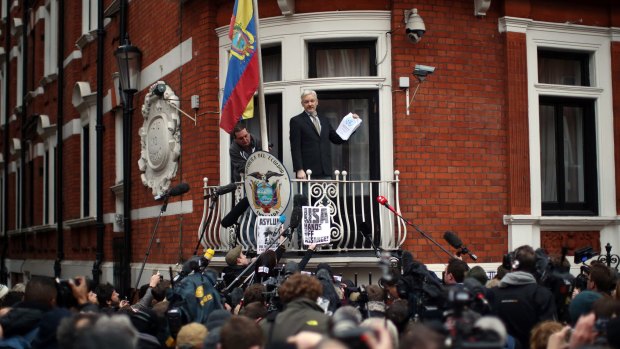 WikiLeaks founder Julian Assange speaks from the balcony of the Ecuadorian embassy in February.