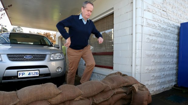 Opposition Leader Bill Shorten visits sandbagged properties in Forth, during his visit to Tasmania to tour flood affected regions.