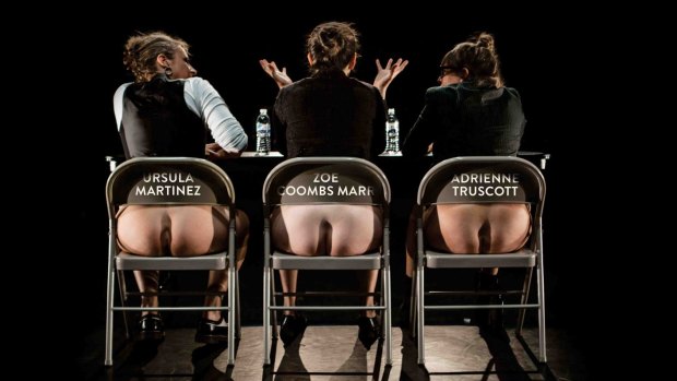 A scene from <i>Wild Bore</i> where the reviewers are the butt of jokes by comedians Ursula Martinez, Zoe Coombs Marr and Adrienne Truscott.