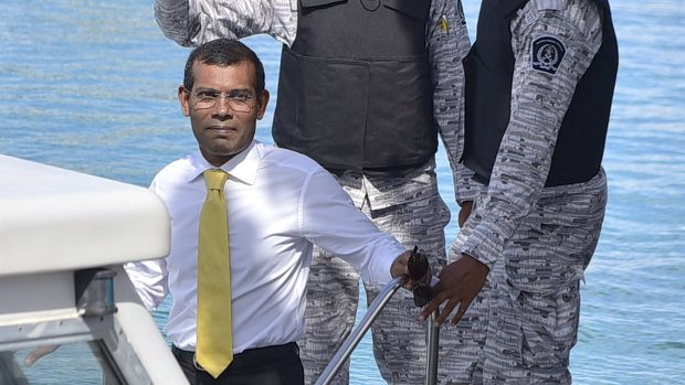 Maldives former president Mohamed Nasheed, apparently headed for an island jail, in the Maldives on Wednesday. 