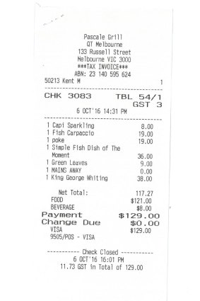 Receipt for lunch with Tim Winton at Pascale Bar and Grill.