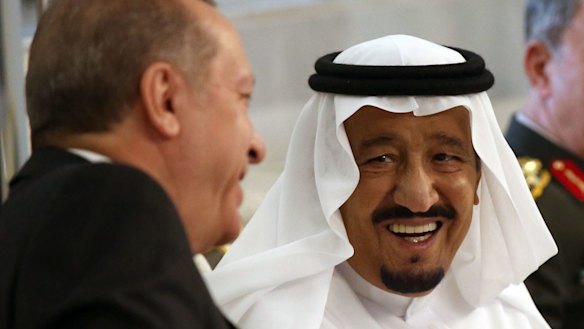 Turkish President Recep Tayyip Erdogan, left, meets with Saudi King Salman, in Jiddah, Saudi Arabia, on Sunday.