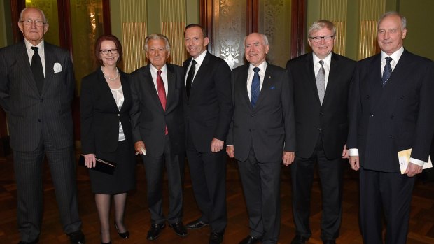 Former prime ministers of Australia at the memorial for Gough Whitlam last year. Bob Hawke and Kevin Rudd will not be attending the state funeral of Malcolm Fraser on Friday.