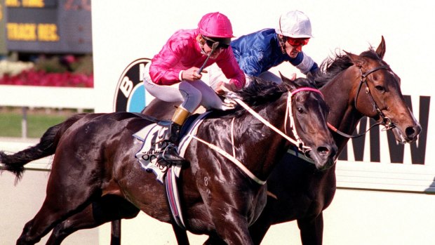 Octagonal (with jockey Shane Dye in pink) wins the 1995 Cox Plate.
