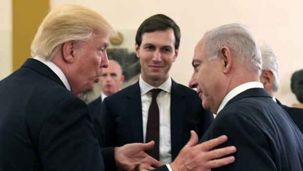 US President Donald J Trump (L) and White House senior adviser Jared Kushner meet with Israel Prime Minister Benjamin Netanyahu at the King David Hotel.