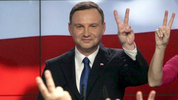 Andrzej Duda, candidate of the conservative opposition Law and Justice, enjoying his victory in the presidential election.