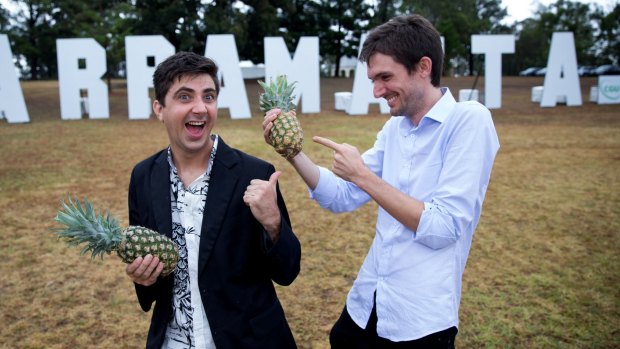 Tristan Klein (left) and Nick Baker who co-directed <i>The Wall</i> with the item required to be in every Tropfest film this year - a pineapple. 