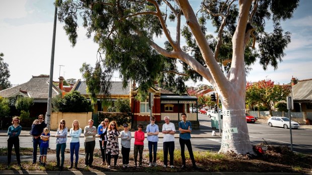 Parkville residents and Melbourne Greens councillor Rohan Leppert with the tree set to be cut down for the CityLink Tulla widening project.