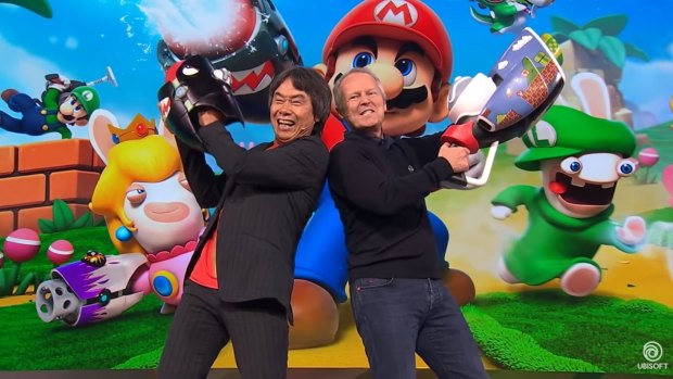 Legendary Nintendo designer Shigeru Miyamoto joined Ubisoft's Yves Guillemot  on stage. He said the only thing he asked of Ubisoft was to do something new with Mario.
