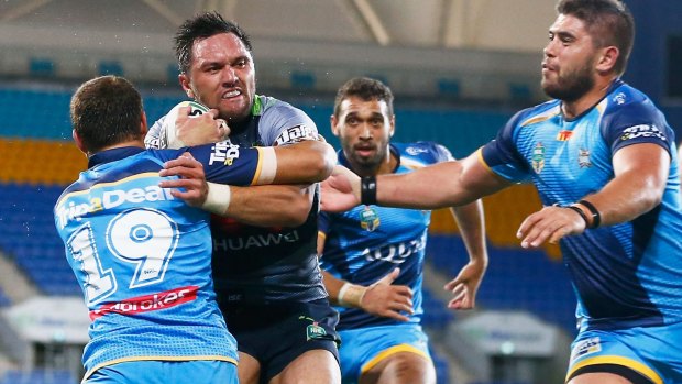 Canberra Raiders winger Jordan Rapana scored a first-half hat-trick to set up the big win over the Gold Coast Titans.