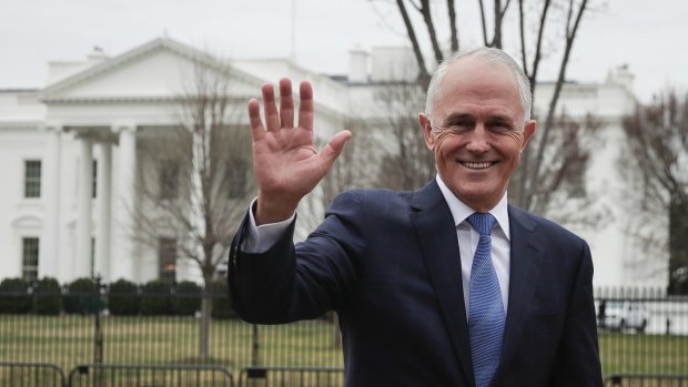 Prime Minister Malcolm Turnbull out the front of the White House during his Washington visit.