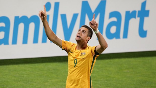 Tomi Juric of Australia celebrates after scoring a goal during the 2018 FIFA World Cup Qualifier match between the Australian Socceroos.