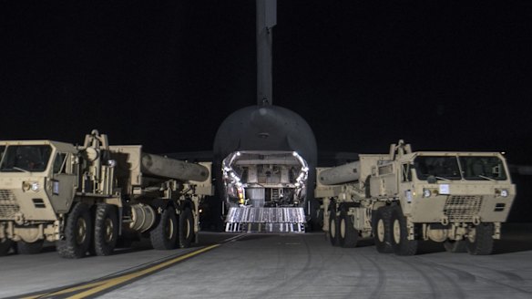 The first components of the High Altitude Area Defence (THAAD) missile defence system arrive at the Osan Air Base outside Seoul.