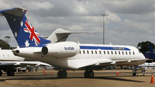 Clive Palmer's private jet sits at the Mascot private terminal in Sydney on Thursday.