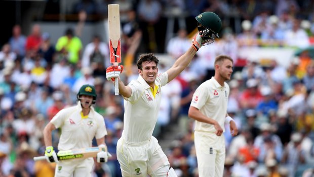 Unforgettable: Mitchell Marsh takes off after passing three figures.