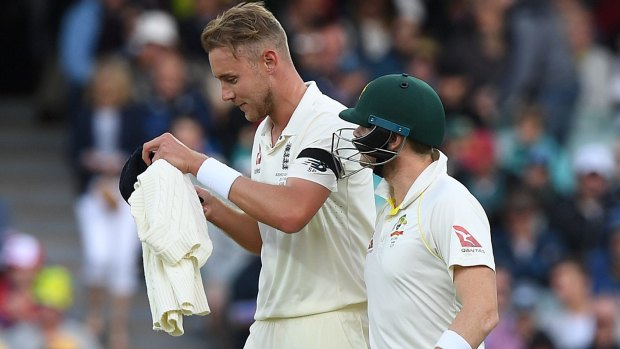 Contretemps: Steve Smith has words with Stuart Broad at the end of his over.