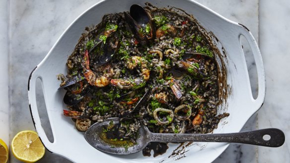 Squid-ink seafood paella.