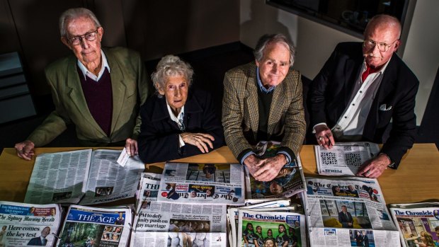 R.S. Gilbert (far left) last year at The Canberra Times' office with other prominent Letter to the Editor writers: Evelyn Bean of Ainslie, Bill Deane of Chapman, and Gary J. Wilson of Macgregor.