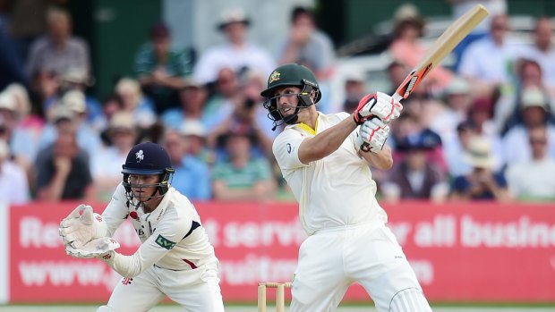 Mitchell Marsh swats a ball through the off-side on day three against Kent.