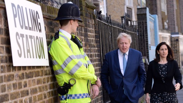 Mayor of London Boris Johnson and wife Marina arrive to cast their votes in Islington, London.
