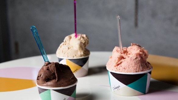 Chocolate, hazelnut and nectarine gelati cups at the original Pidapipo in Carlton.