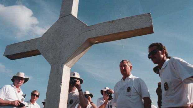 Vietnam veterans at the cross erected in memory of those who fell at Long Tan.