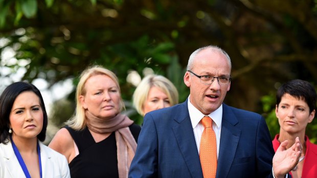 NSW Opposition Leader Luke Foley  flanked by, from left,  Pru Car, Lynda Voltz, Yasmin Catley  and Kate Washington  in the Royal Botanic Gardens in Sydney to announce his new opposition shadow ministry on Thursday. 