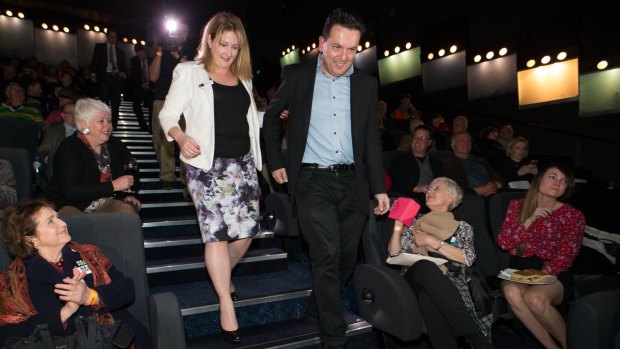 Nick Xenophon celebrates with Rebekha Sharkie, who won the seat of Mayo.