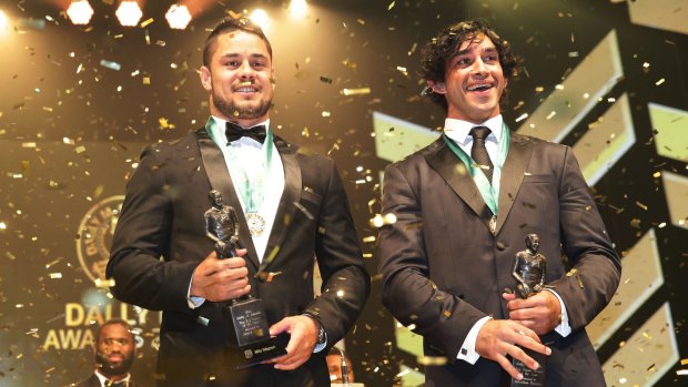 Dual winners: Jarryd Hayne and Johnathan Thurston were joint winners of the 2014 Dally M Medal.