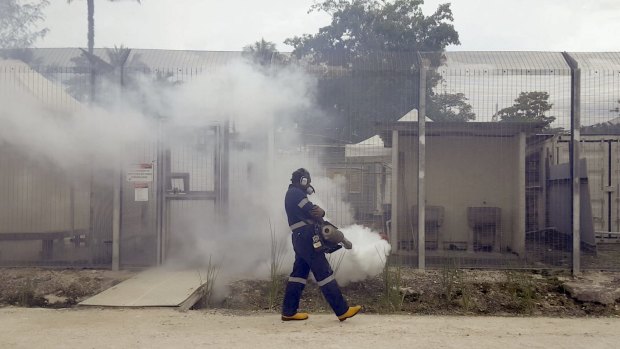 Fumigation at the Manus Island detention centre, from the film <i>Chauka, Please Tell Us the Time</i>.